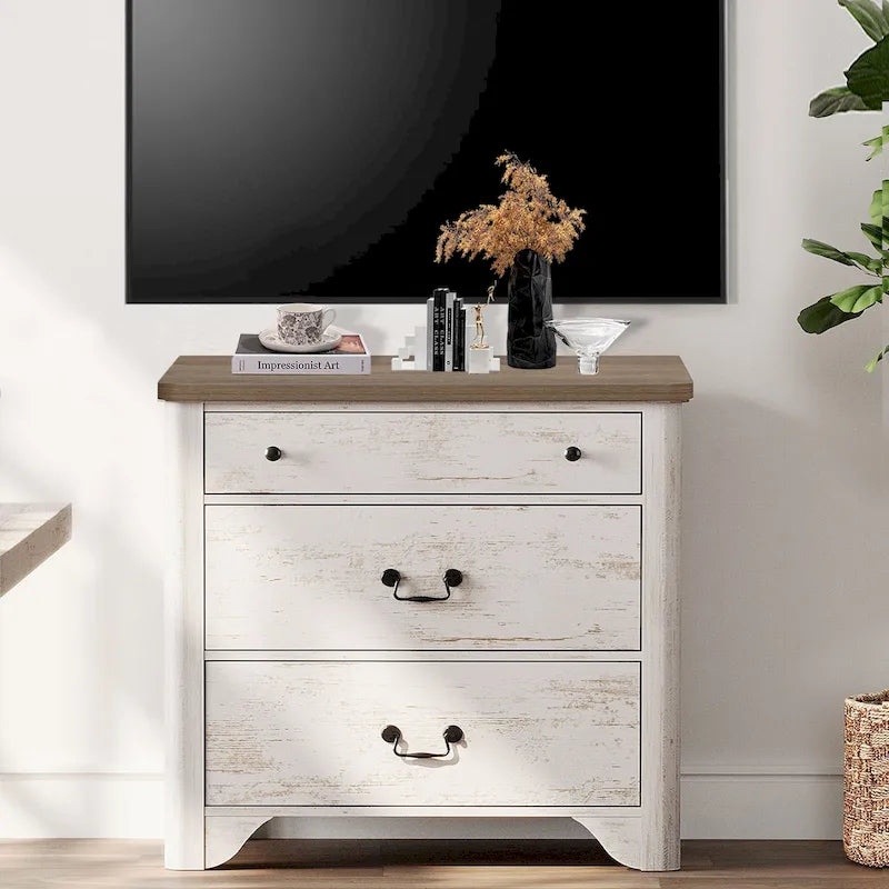 Farmhouse TV Stand with 3 Drawers, Wood Entertainment Center with Large Storage for Living Room