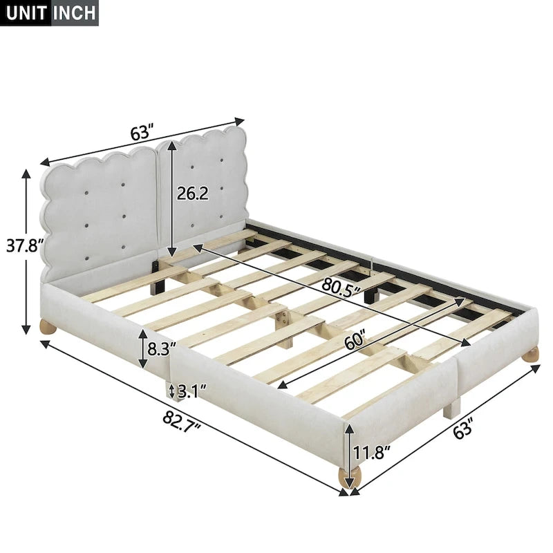 Queen Size Tufted Beige Upholstered Platform Bed