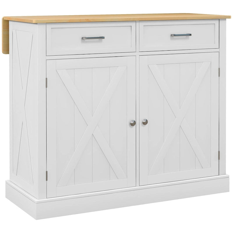 Rolling Kitchen Island with Drop Leaf Wood Breakfast Bar, Farmhouse Kitchen Cart with 2 Drawers, White