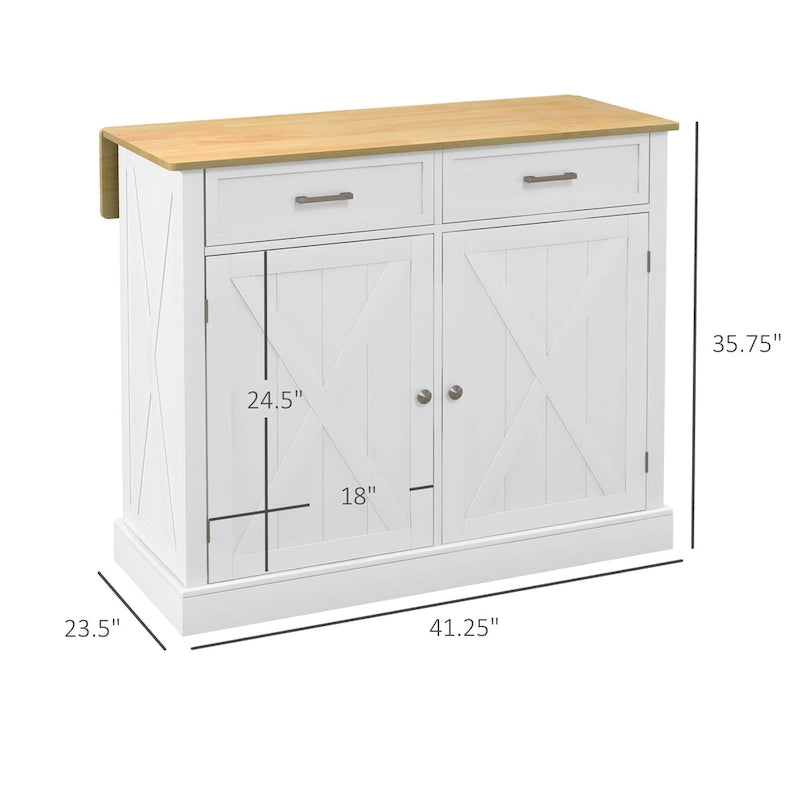 Rolling Kitchen Island with Drop Leaf Wood Breakfast Bar, Farmhouse Kitchen Cart with 2 Drawers, White