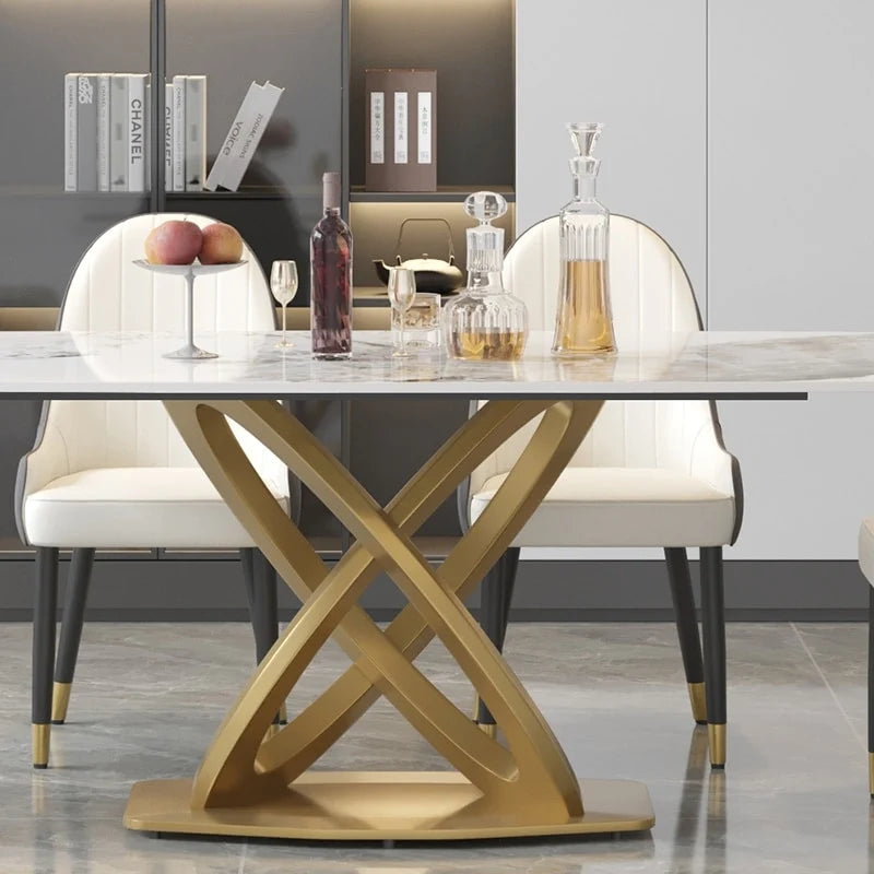 71 Modern Dining Table with Rectangular Sintered Stone Tabletop and Gold Base