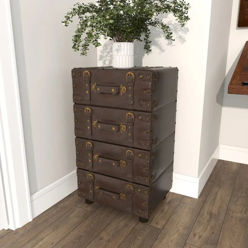 Faux Leather Vintage 4 Drawer Room Chest with Buckle Straps and Gold Stud Details - Black