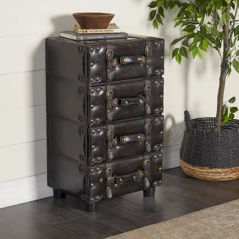 Faux Leather Vintage 4 Drawer Room Chest with Buckle Straps and Gold Stud Details - Black