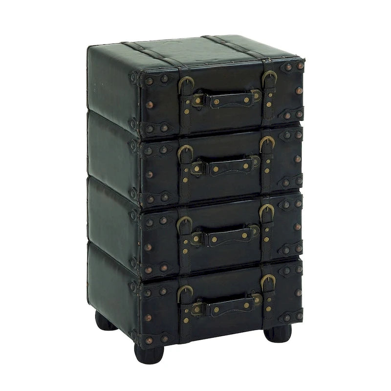 Faux Leather Vintage 4 Drawer Room Chest with Buckle Straps and Gold Stud Details - Black