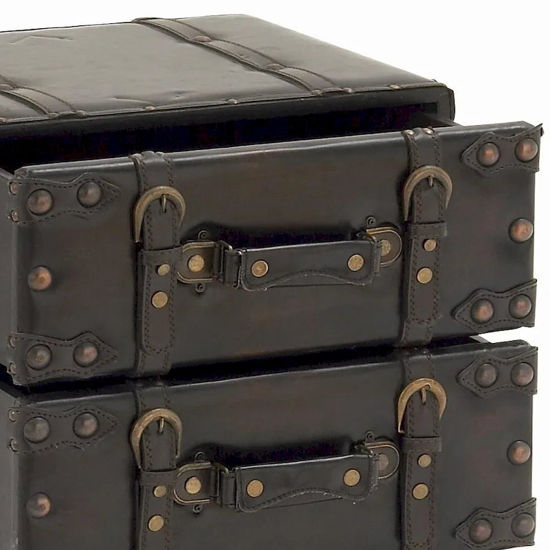 Faux Leather Vintage 4 Drawer Room Chest with Buckle Straps and Gold Stud Details - Black