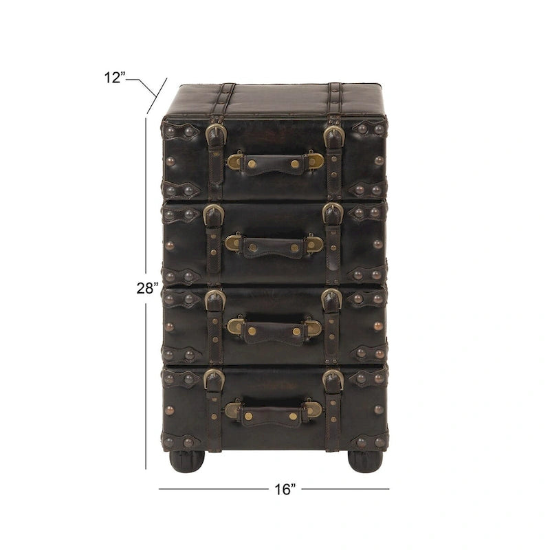 Faux Leather Vintage 4 Drawer Room Chest with Buckle Straps and Gold Stud Details - Black